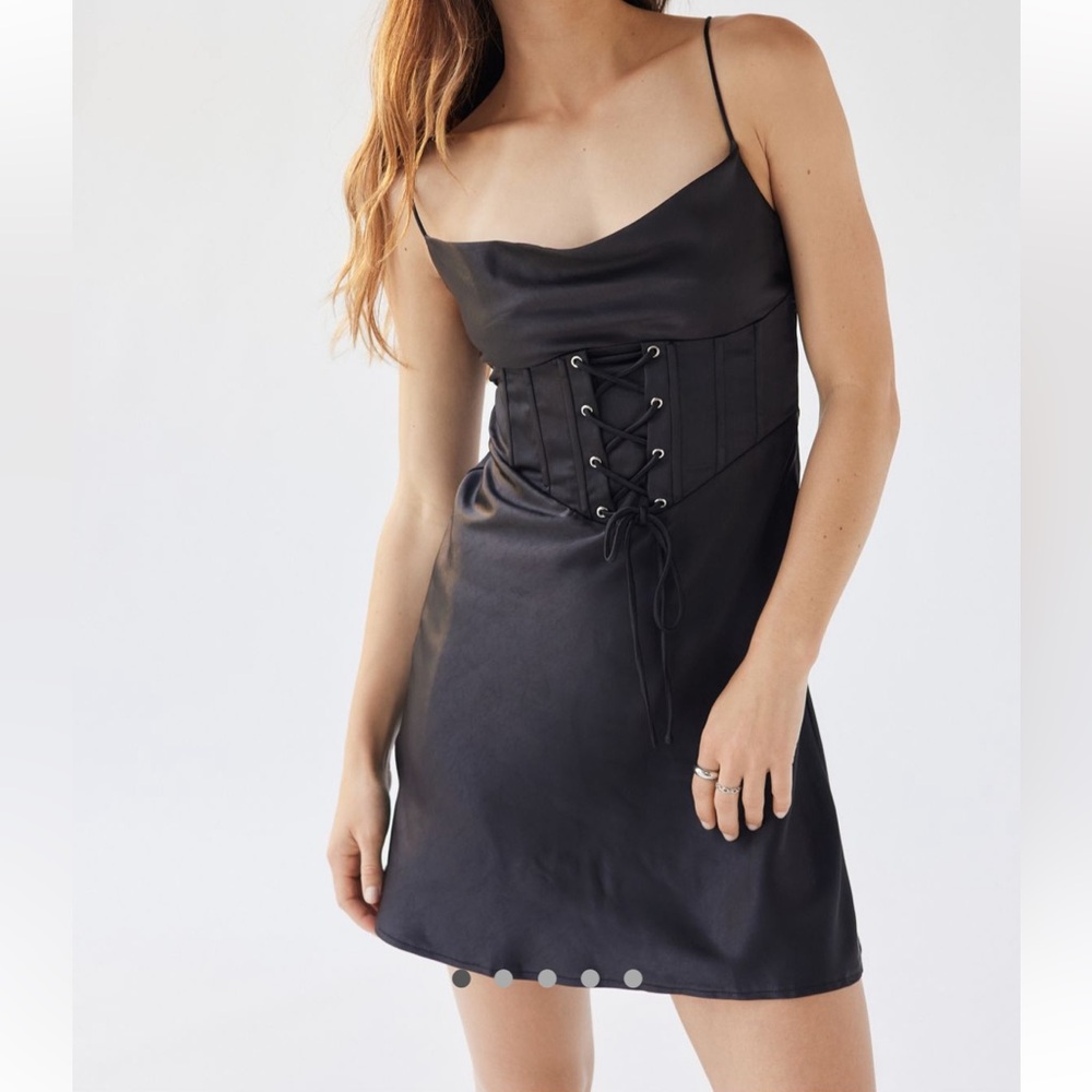 UO Kiss the Sky Black Satin Corset Mini Dress